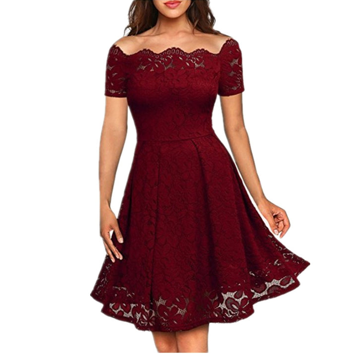 Womens Vintage Floral Lace Short Sleeve Boat Neck Cocktail Party Swing Dress Image 7