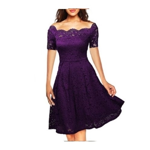 Womens Vintage Floral Lace Short Sleeve Boat Neck Cocktail Party Swing Dress Image 8