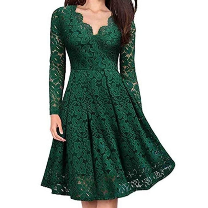 Womens Lace Long Sleeve V Neck Cocktail Formal Swing Dress Image 1