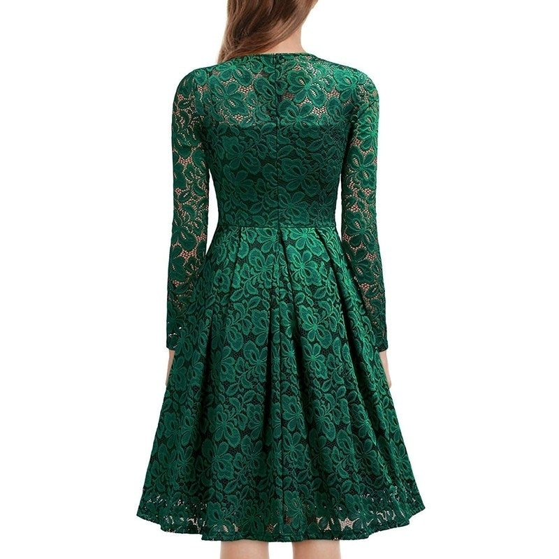 Womens Lace Long Sleeve V Neck Cocktail Formal Swing Dress Image 2