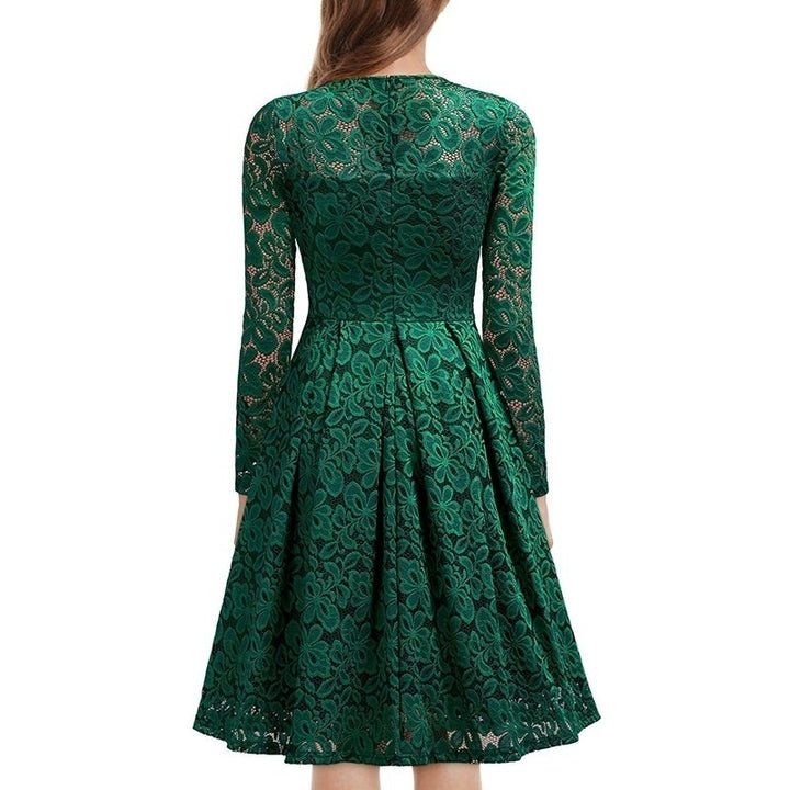 Womens Lace Long Sleeve V Neck Cocktail Formal Swing Dress Image 2