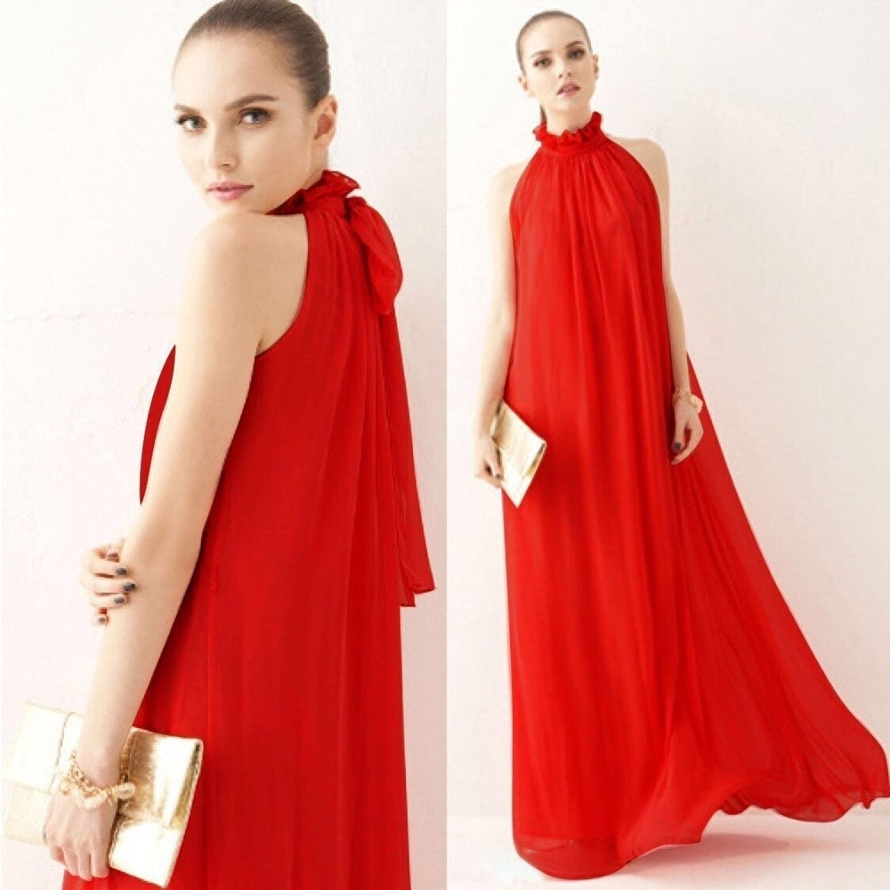 Women Halter Neck Sleeveless Chiffon Maxi Dresses Image 2