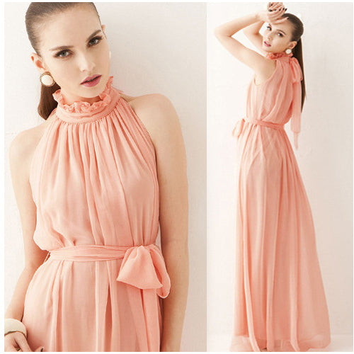 Women Halter Neck Sleeveless Chiffon Maxi Dresses Image 4