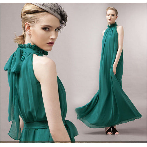 Women Halter Neck Sleeveless Chiffon Maxi Dresses Image 9