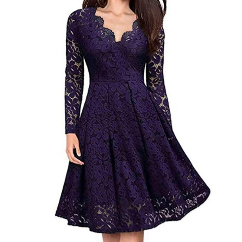 Womens Lace Long Sleeve V Neck Cocktail Formal Swing Dress Image 6