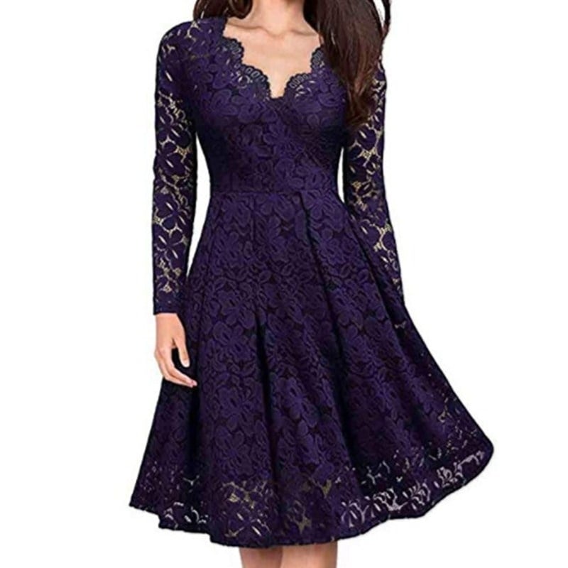 Womens Lace Long Sleeve V Neck Cocktail Formal Swing Dress Image 1