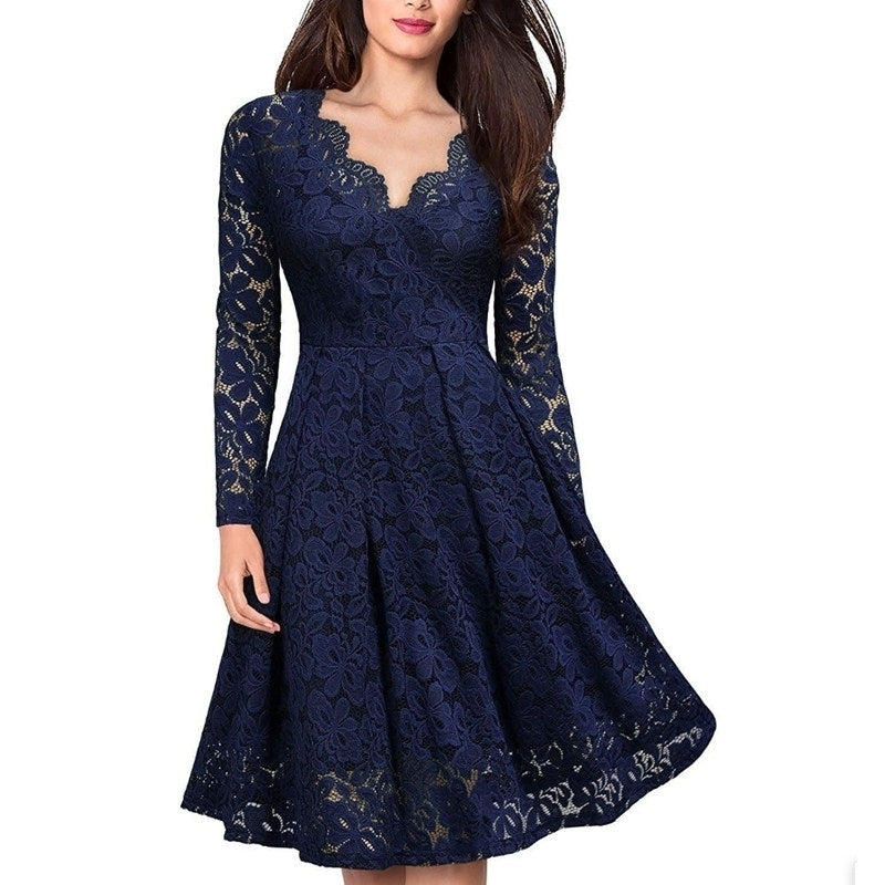 Womens Lace Long Sleeve V Neck Cocktail Formal Swing Dress Image 7