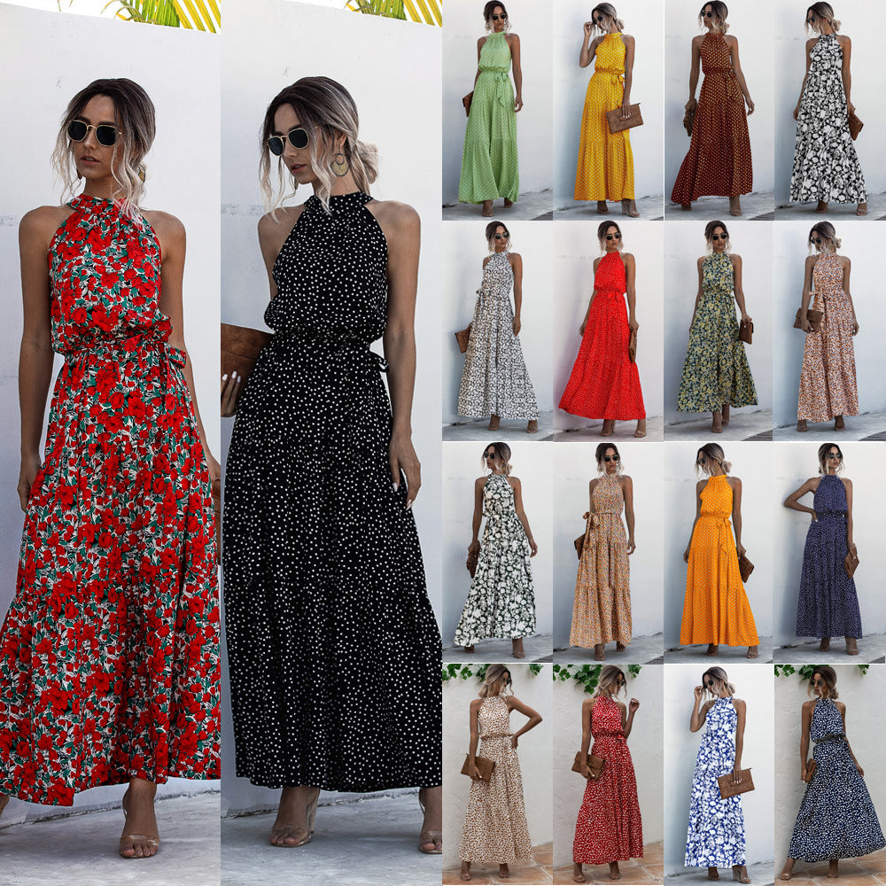 Womens Casual Halter Neck Sleeveless Floral Long Maxi Dress Backless with Belt Image 1