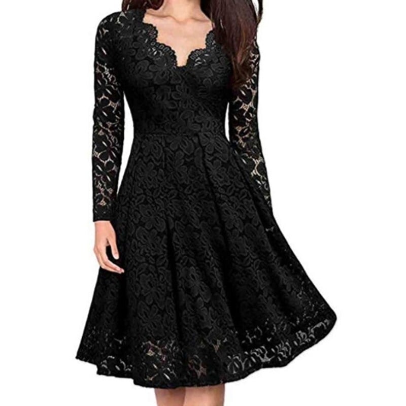 Womens Lace Long Sleeve V Neck Cocktail Formal Swing Dress Image 8