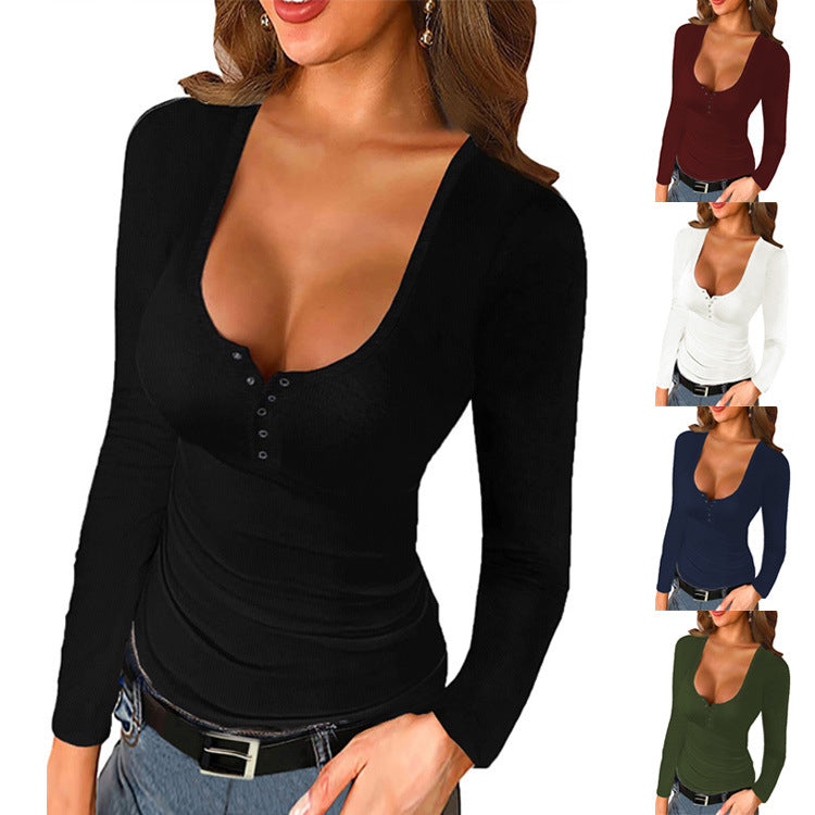 Womens Sweatshirts Low Cut Solid Sexy Fall Long Sleeve Button Down Shirts Image 1