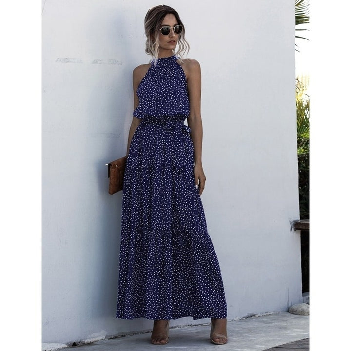 Womens Casual Halter Neck Sleeveless Floral Long Maxi Dress Backless with Belt Image 4