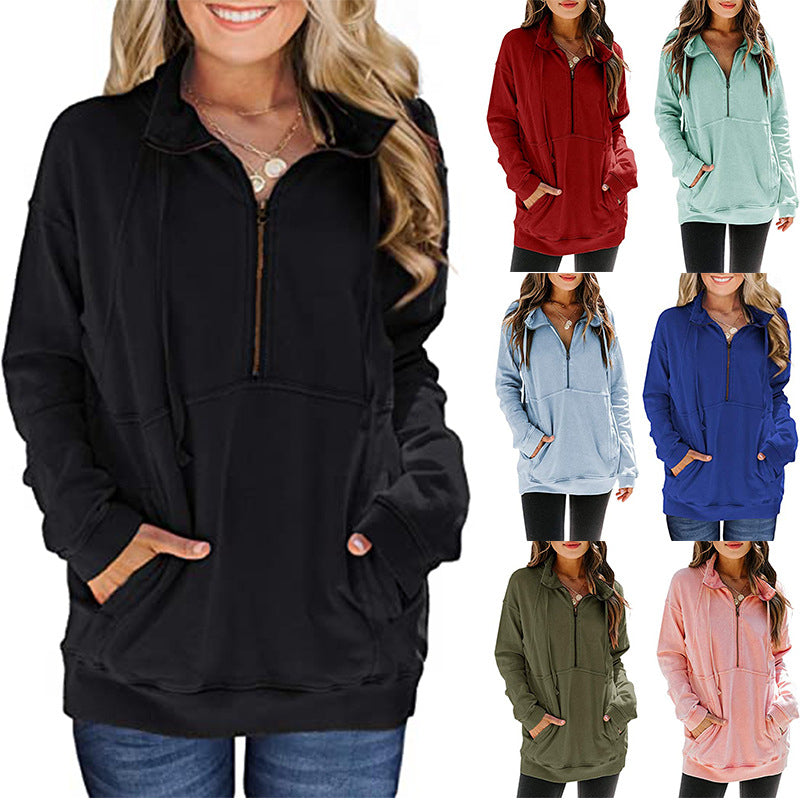 Womens Casual Long Sleeve Lapel Zipper Sweatshirt Drawstring Loose Pullover Tops Image 1