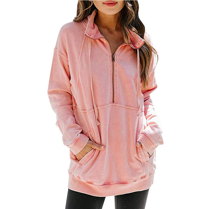 Womens Casual Long Sleeve Lapel Zipper Sweatshirt Drawstring Loose Pullover Tops Image 7