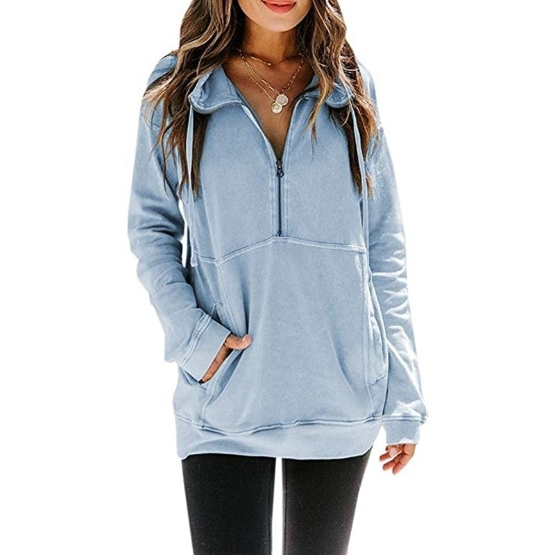 Womens Casual Long Sleeve Lapel Zipper Sweatshirt Drawstring Loose Pullover Tops Image 9