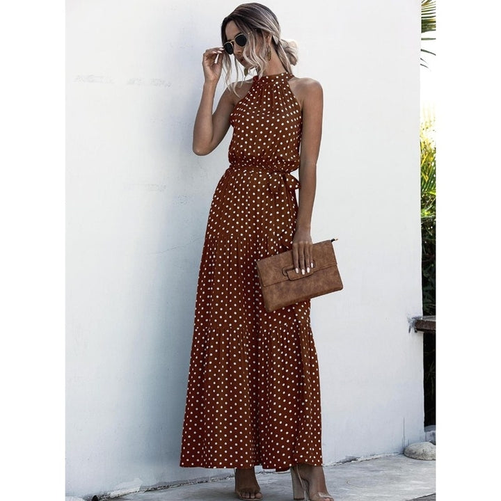 Womens Casual Halter Neck Sleeveless Floral Long Maxi Dress Backless with Belt Image 7