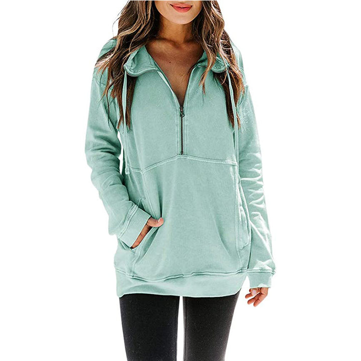 Womens Casual Long Sleeve Lapel Zipper Sweatshirt Drawstring Loose Pullover Tops Image 10