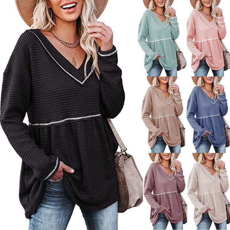 Womens V Neck Waffle Tunic Top Long Sleeve Pullover Babydoll Casual Image 1