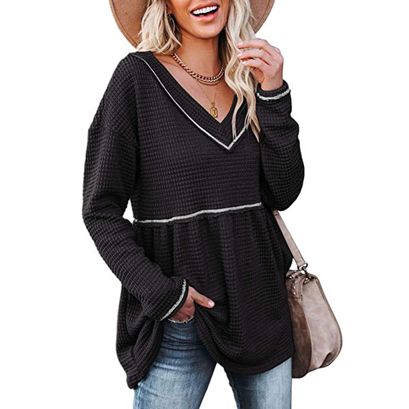 Womens V Neck Waffle Tunic Top Long Sleeve Pullover Babydoll Casual Image 2