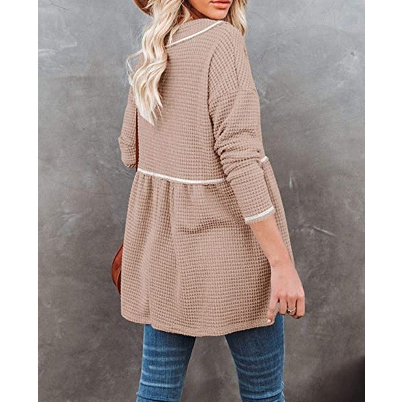 Womens V Neck Waffle Tunic Top Long Sleeve Pullover Babydoll Casual Image 3