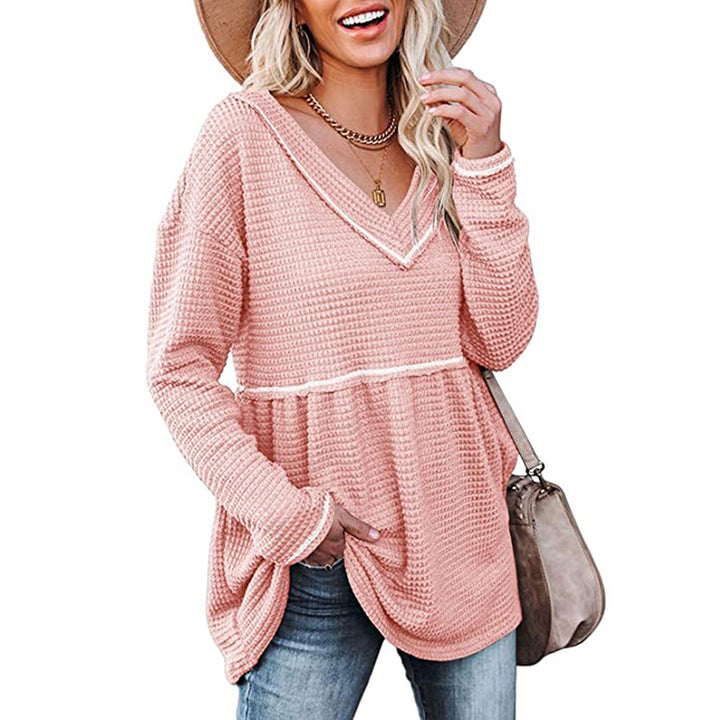 Womens V Neck Waffle Tunic Top Long Sleeve Pullover Babydoll Casual Image 4