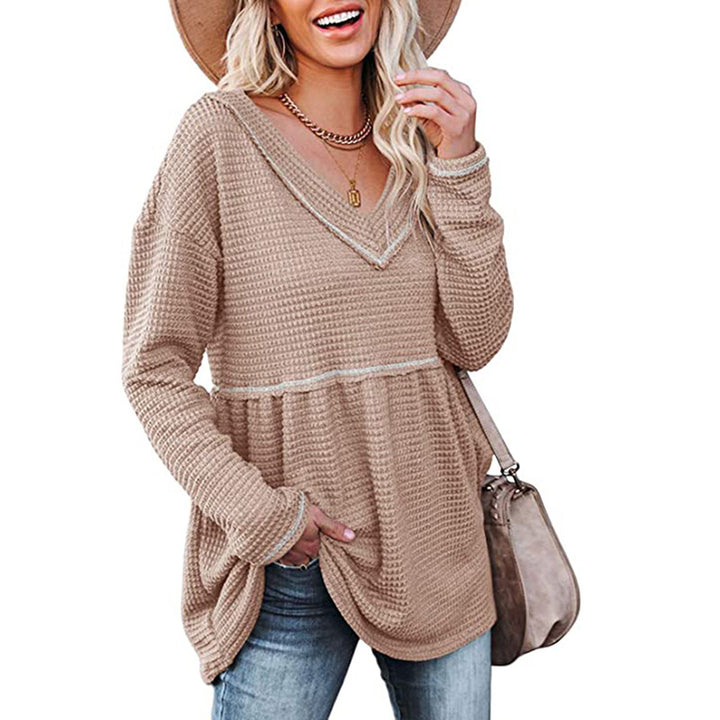 Womens V Neck Waffle Tunic Top Long Sleeve Pullover Babydoll Casual Image 6