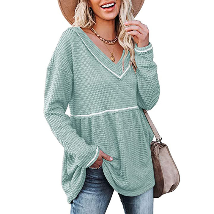 Womens V Neck Waffle Tunic Top Long Sleeve Pullover Babydoll Casual Image 7