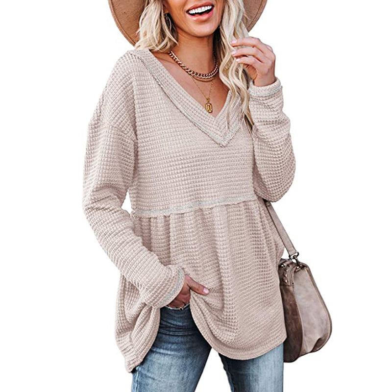 Womens V Neck Waffle Tunic Top Long Sleeve Pullover Babydoll Casual Image 8