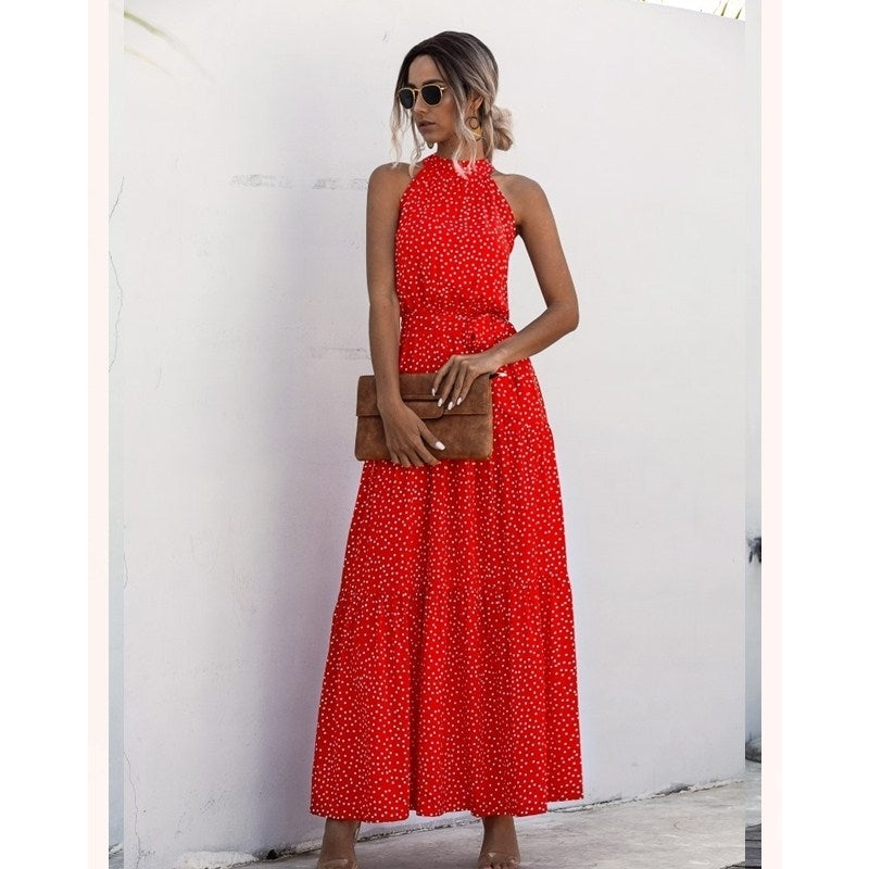 Womens Casual Halter Neck Sleeveless Floral Long Maxi Dress Backless with Belt Image 8