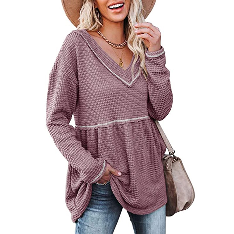 Womens V Neck Waffle Tunic Top Long Sleeve Pullover Babydoll Casual Image 1