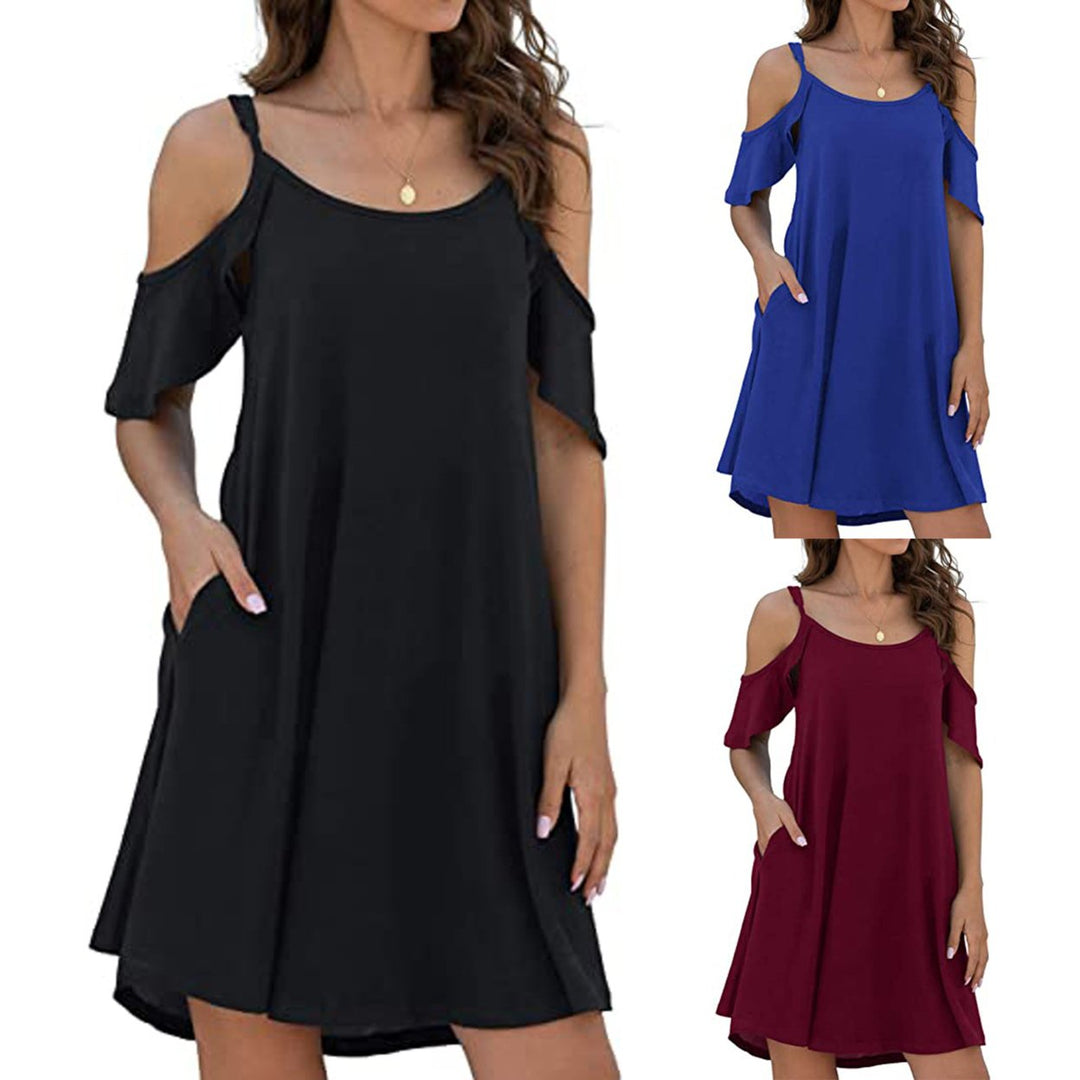 Womens Casual Strap Sundress Dress Cold Shoulder Ruffle Sleeves Dresses with Pocket Image 1