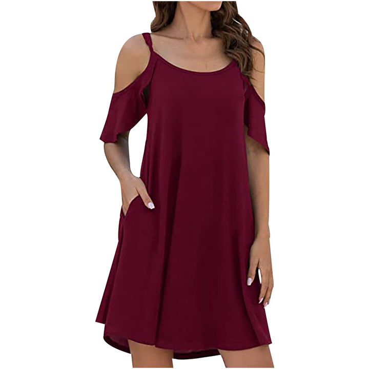 Womens Casual Strap Sundress Dress Cold Shoulder Ruffle Sleeves Dresses with Pocket Image 2