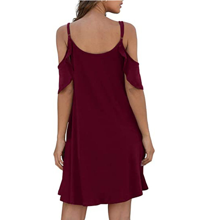 Womens Casual Strap Sundress Dress Cold Shoulder Ruffle Sleeves Dresses with Pocket Image 3