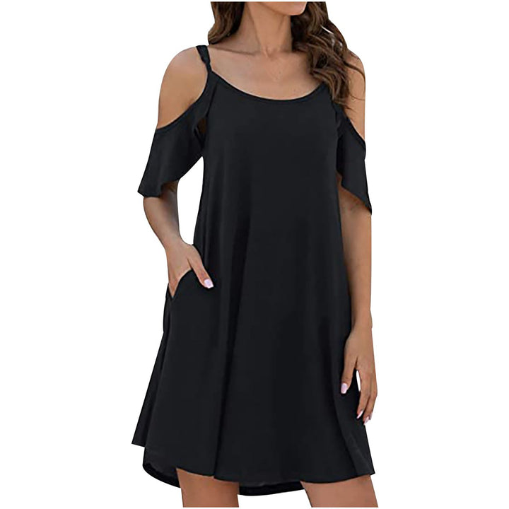 Womens Casual Strap Sundress Dress Cold Shoulder Ruffle Sleeves Dresses with Pocket Image 4