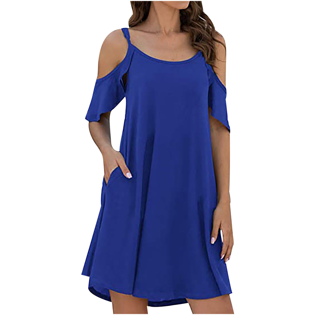 Womens Casual Strap Sundress Dress Cold Shoulder Ruffle Sleeves Dresses with Pocket Image 6