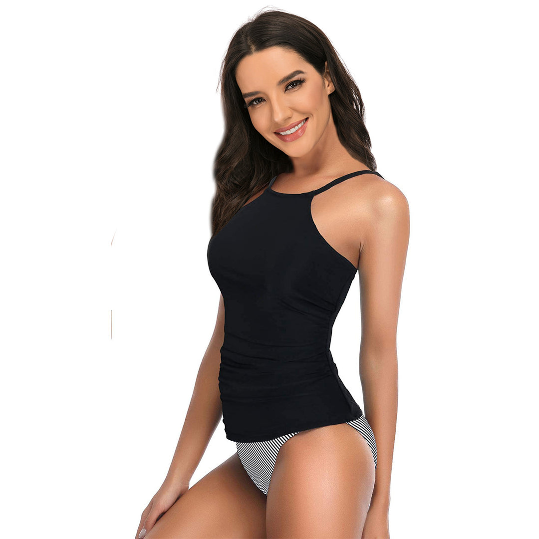 Swimsuit for Women High Neck Ruched Tummy Control Top with Shorts Two Piece Bathing Suits Image 4