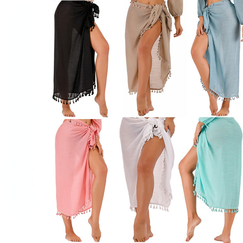 Womens Semi-Sheer Swimwear Cover Ups Short Skirt with Tassels Image 1