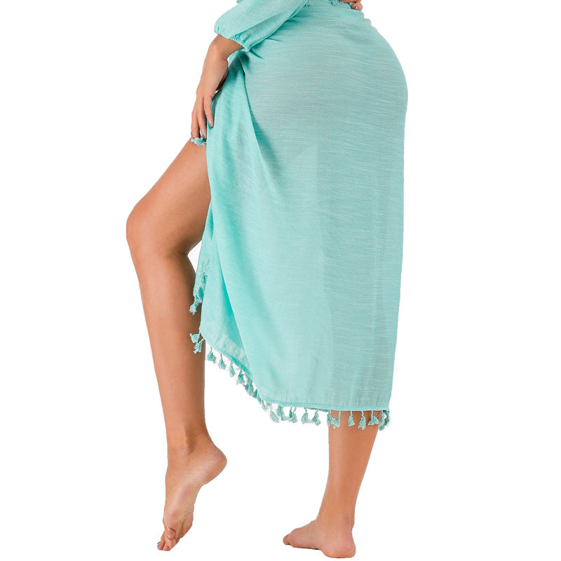 Womens Semi-Sheer Swimwear Cover Ups Short Skirt with Tassels Image 6