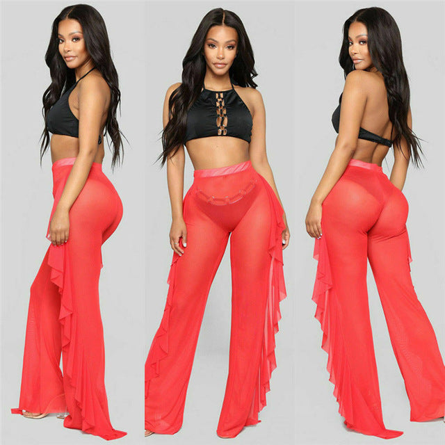 Womens Perspective Sheer Mesh Ruffle Pants Swimsuit Bikini Bottom Cover up Pants Image 2