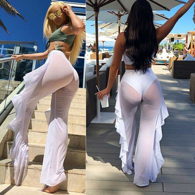 Womens Perspective Sheer Mesh Ruffle Pants Swimsuit Bikini Bottom Cover up Pants Image 4