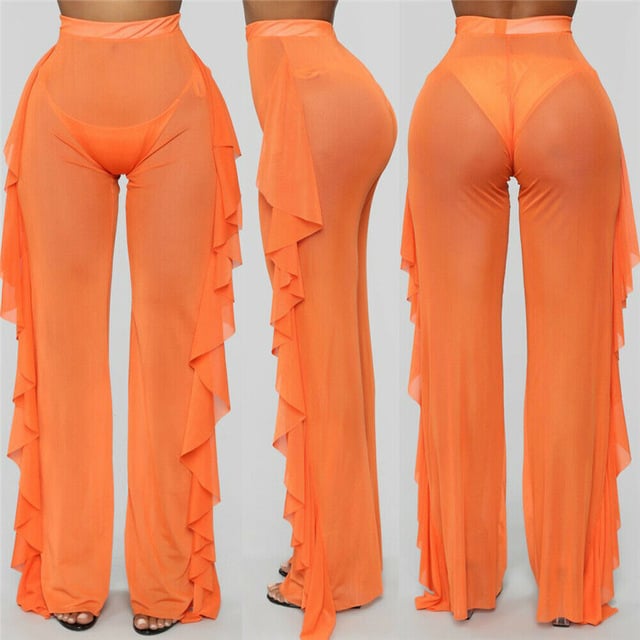 Womens Perspective Sheer Mesh Ruffle Pants Swimsuit Bikini Bottom Cover up Pants Image 7
