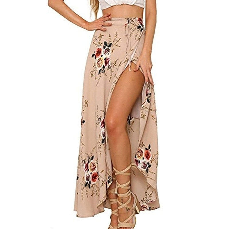 Womens Boho Floral Tie Up Waist Summer Beach Wrap Cover Up Maxi Skirt Image 1