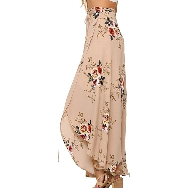 Womens Boho Floral Tie Up Waist Summer Beach Wrap Cover Up Maxi Skirt Image 3