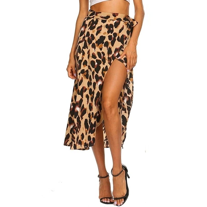 Womens Boho Leopard Skirt High Low Split Summer Beach Midi Wrap Skirts Image 2