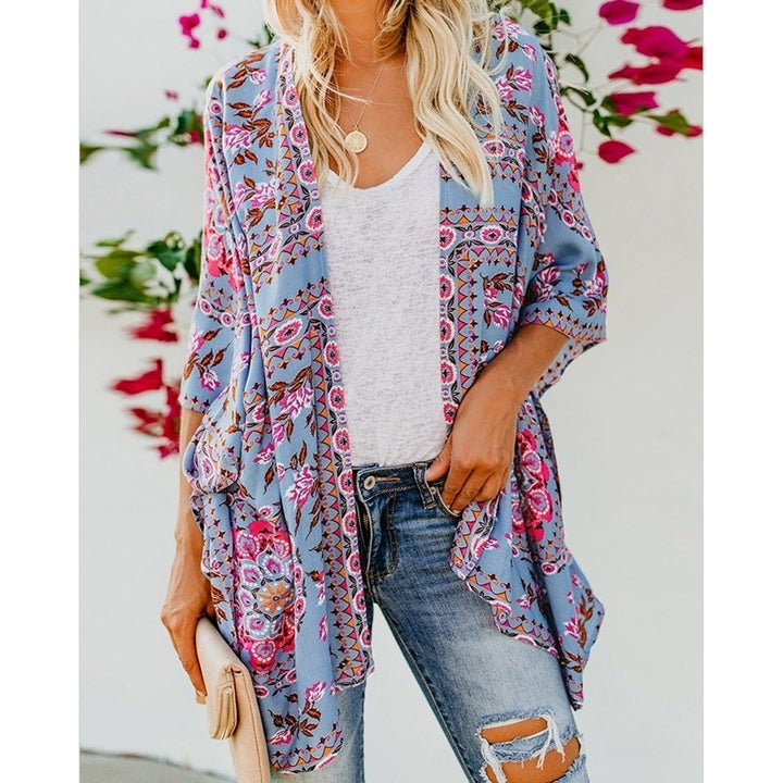 Womens Fashion Print Kimono Tassel Casual Cardigan Loose Cover up Image 1