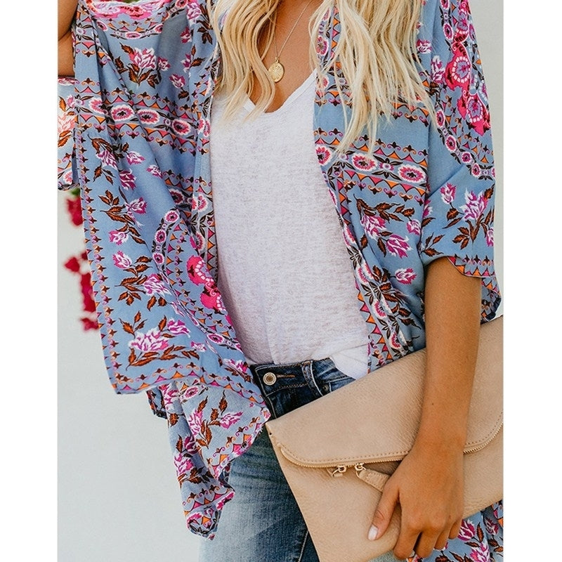 Womens Fashion Print Kimono Tassel Casual Cardigan Loose Cover up Image 2