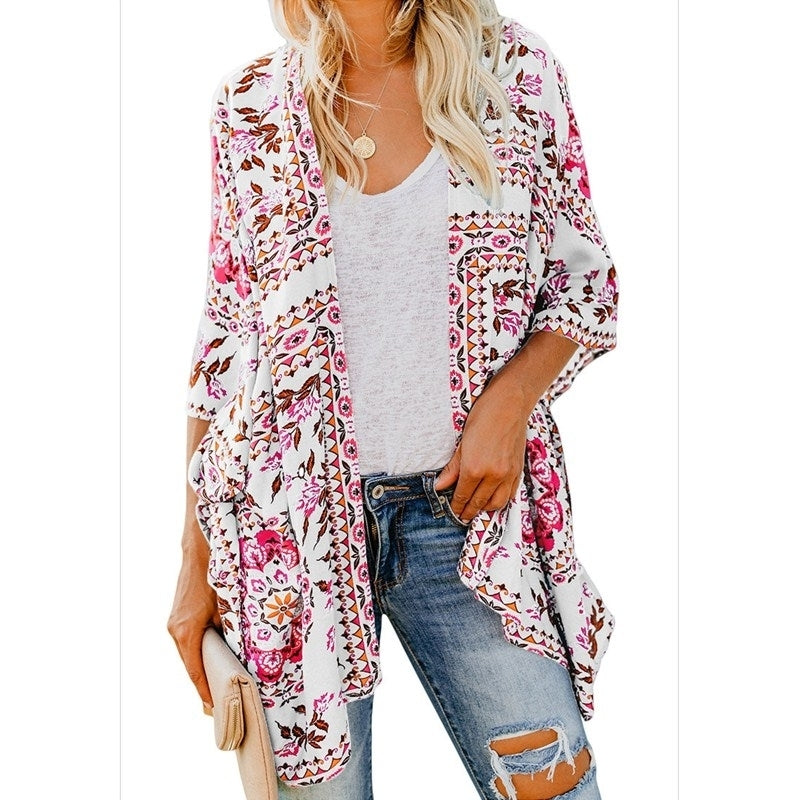 Womens Fashion Print Kimono Tassel Casual Cardigan Loose Cover up Image 1