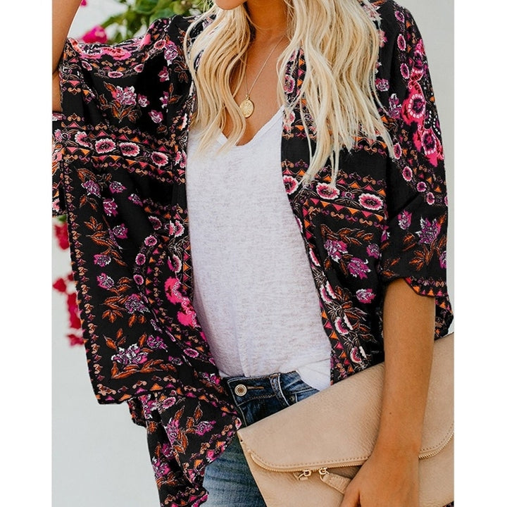 Womens Fashion Print Kimono Tassel Casual Cardigan Loose Cover up Image 4