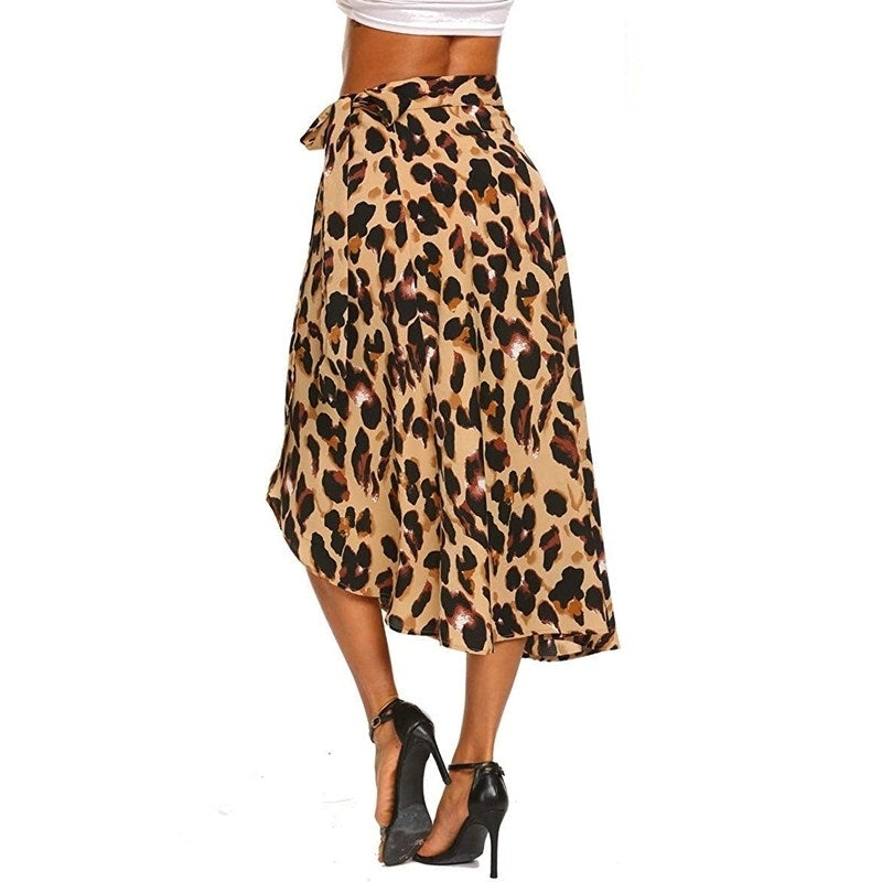Womens Boho Leopard Skirt High Low Split Summer Beach Midi Wrap Skirts Image 4