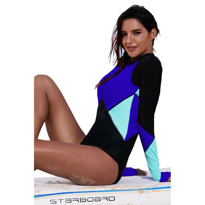 Womens Zip Front Long Sleeve Shirt Color Block Print Tankini Swimsuit No Bottom Image 2