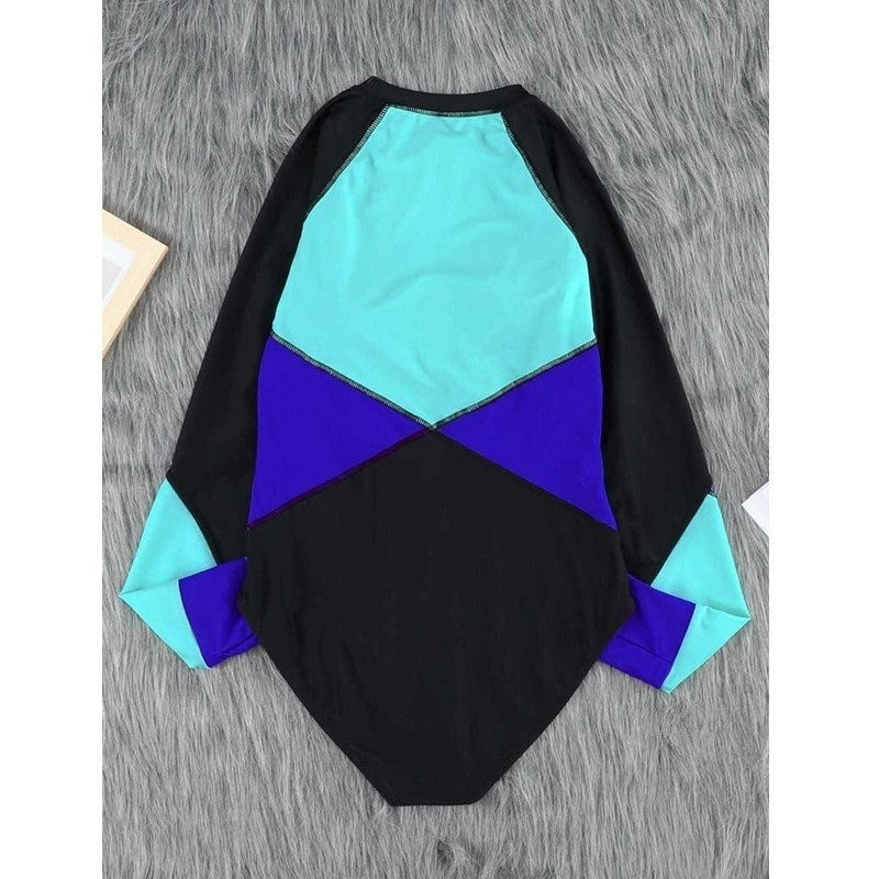 Womens Zip Front Long Sleeve Shirt Color Block Print Tankini Swimsuit No Bottom Image 4